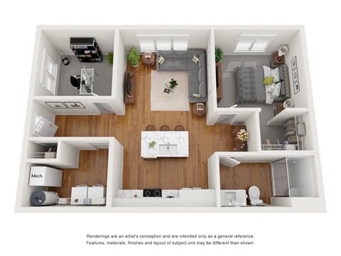 Floor plan for 1 bed, 1 bath, 867 sqft